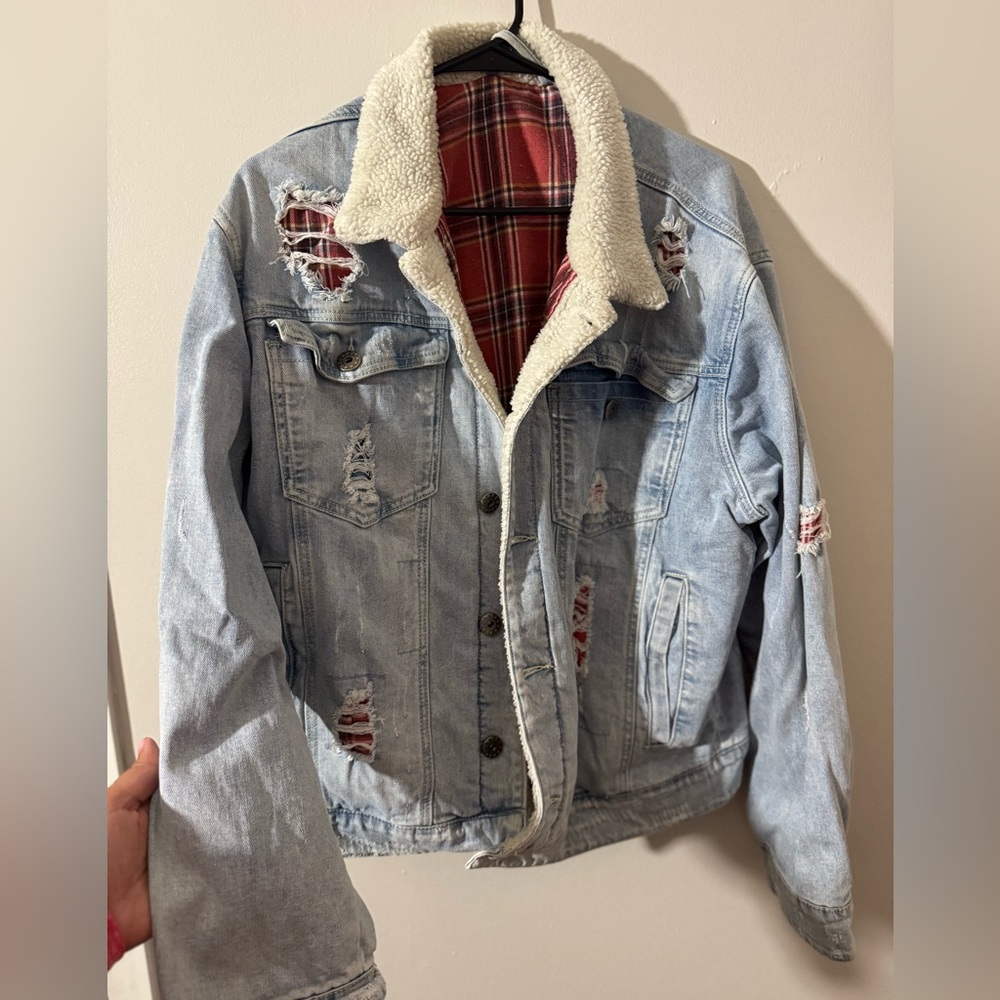 Distressed Denim Jacket with Sherpa Lining